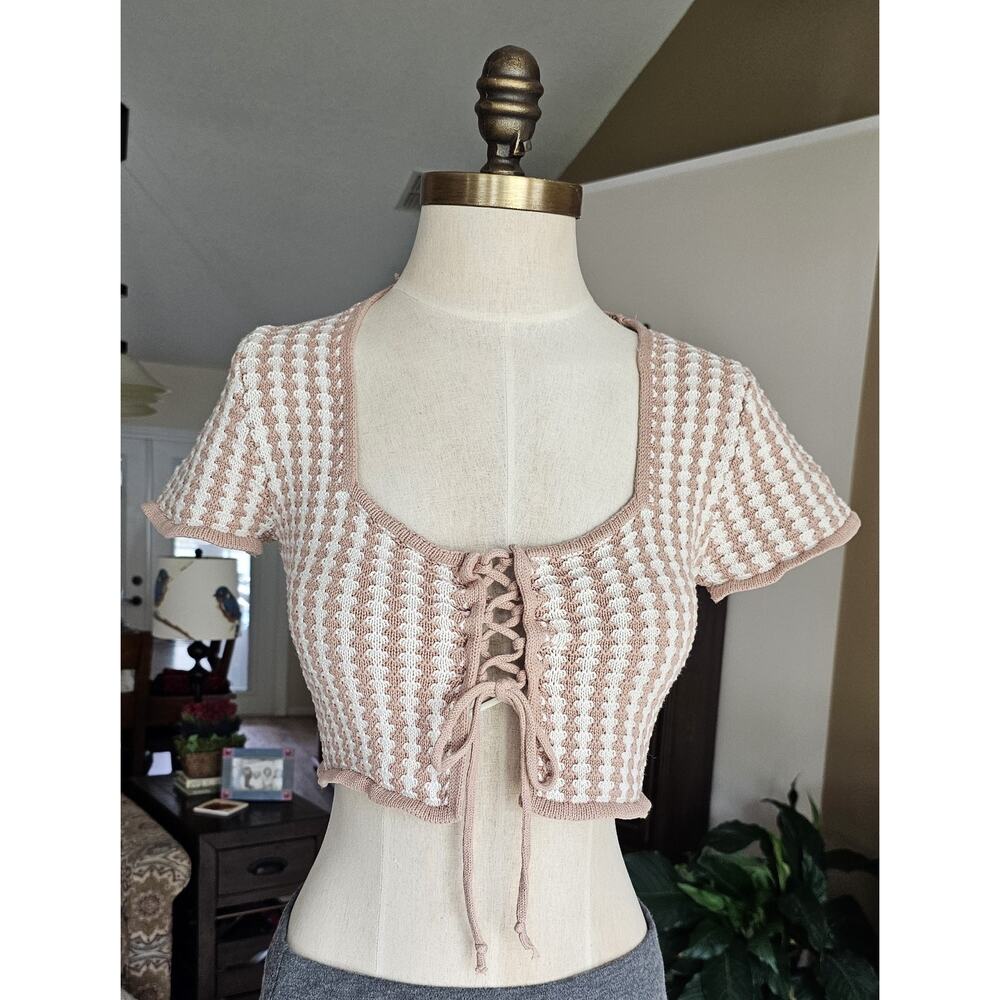 LA Hearts Lace Up Crochet Knit Crop Top Tan White Stripe LA Hearts Lace Up Med.